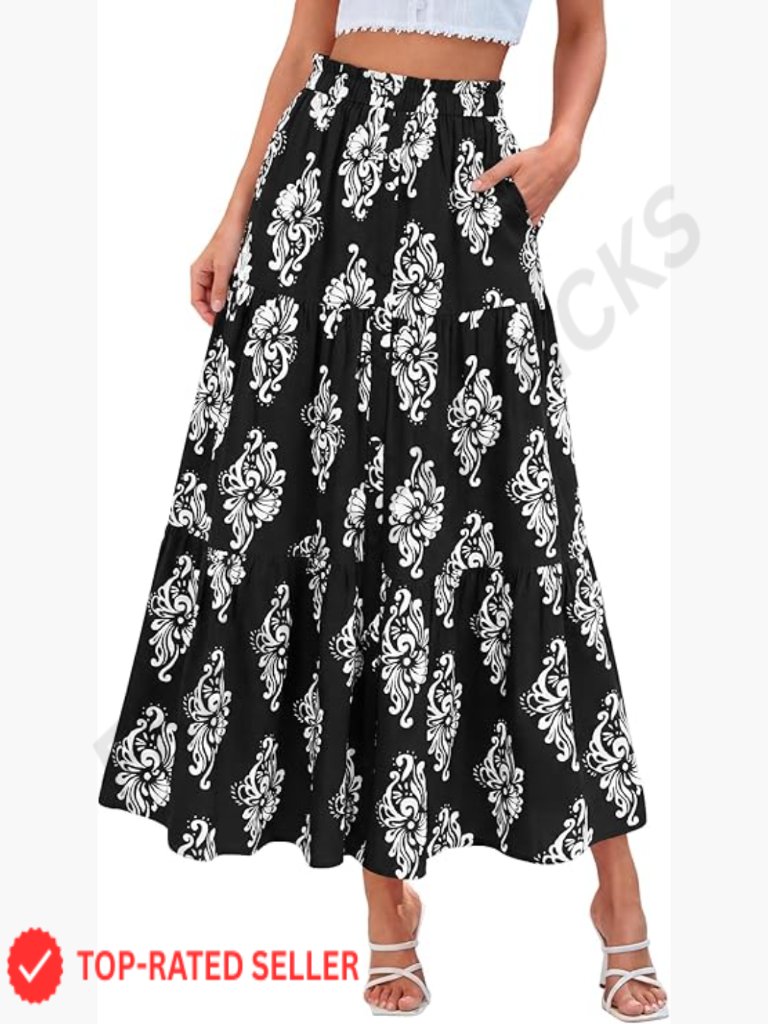 Elegant High Waist A Line Flowy Maxi Skirt With Pockets Boho Summer Beach